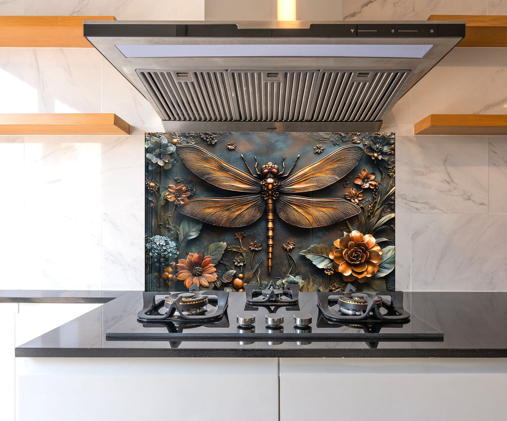 Vintage Bronze Dragonfly - Glass Kitchen Backsplash-BacksplashArtworks
