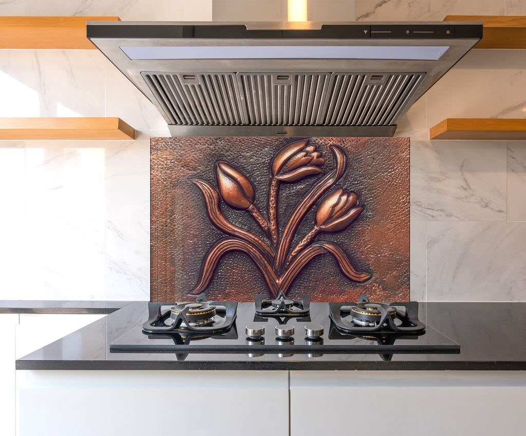 Copper Tulip Symphony - Tempered Glass Kitchen Backsplash-BacksplashArtworks