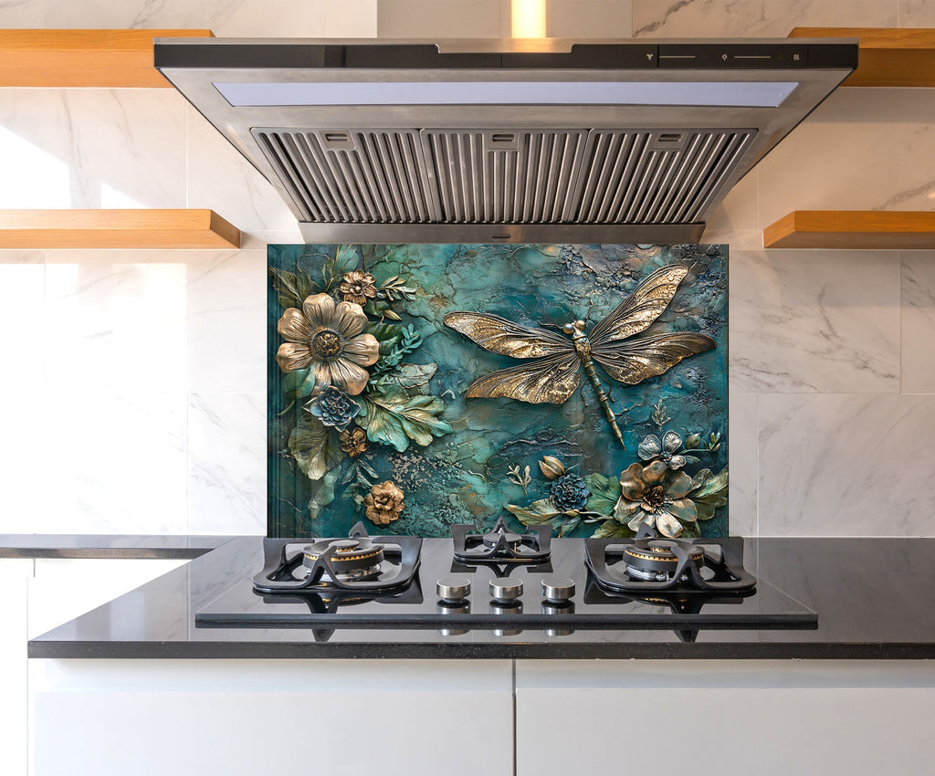 Golden Blue Dragonfly - Glass Kitchen Backsplash-BacksplashArtworks