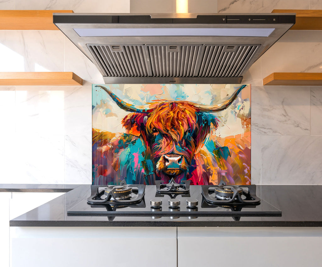 Vibrant Highland Cow - Tempered Glass Kitchen Backsplash-BacksplashArtworks
