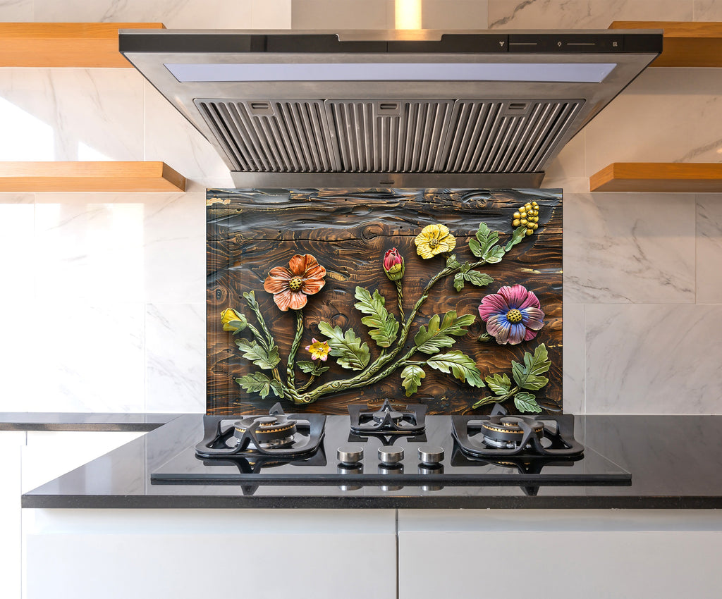 Rustic Botanical Wood Art - Glass Kitchen Backsplash-BacksplashArtworks