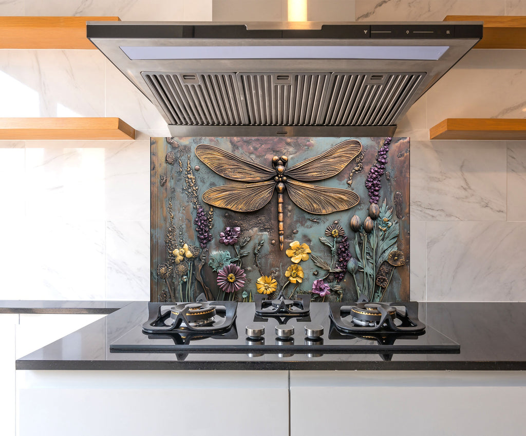 Dragonfly - Tempered Glass Kitchen Backsplash-BacksplashArtworks