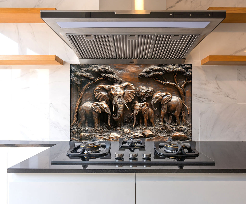 Majestic Elephant Family - Glass Kitchen Backsplash-BacksplashArtworks