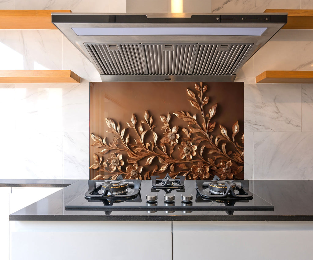 Bronze Floral Embossed - Glass Kitchen Backsplash-BacksplashArtworks