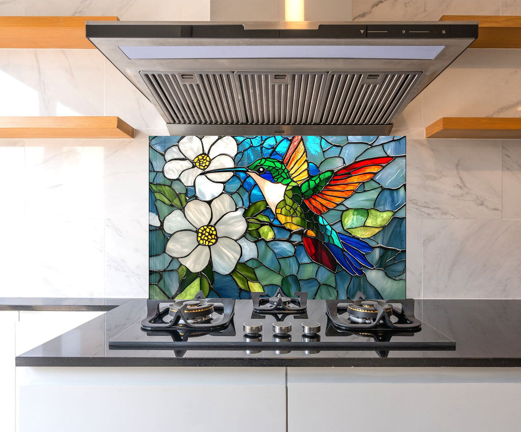Stained Glass Hummingbird - Tempered Glass Kitchen Backsplash-BacksplashArtworks