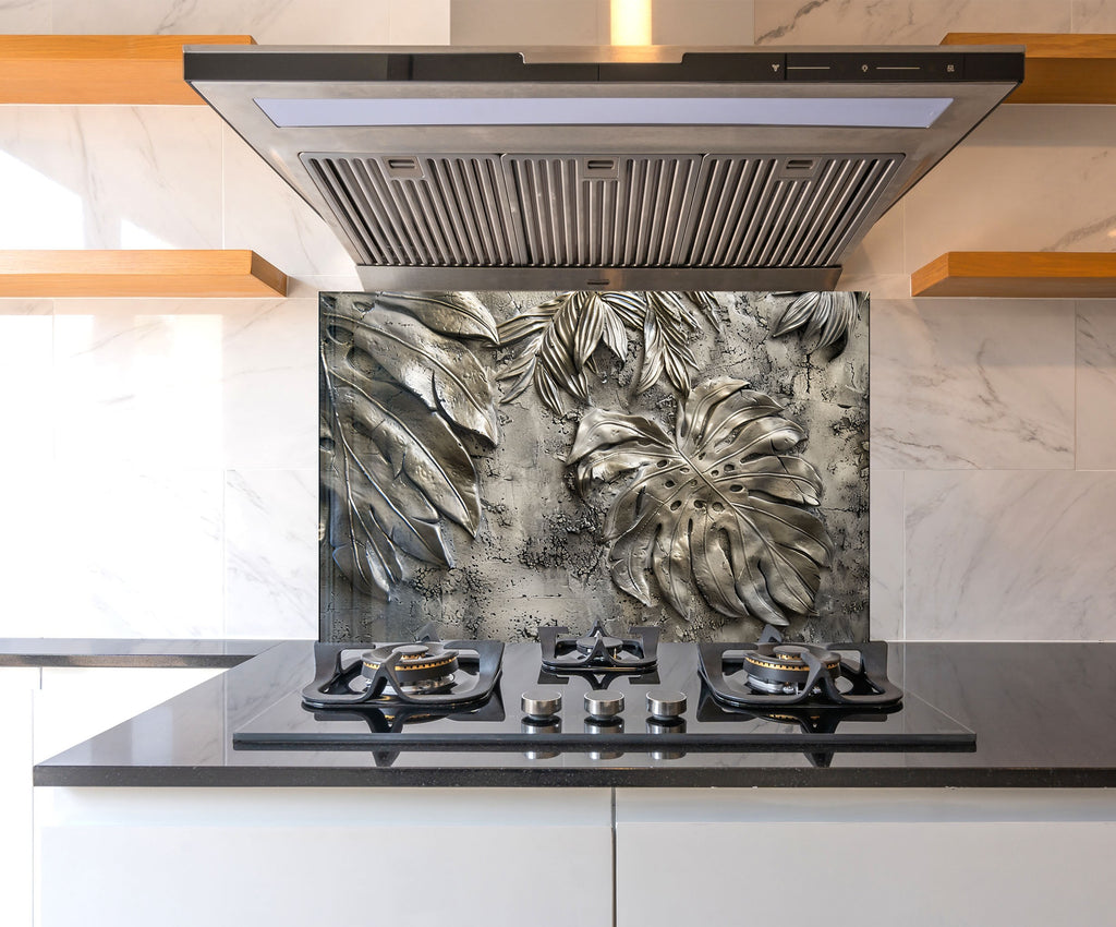 Silver Monstera Leaf - Glass Kitchen Backsplash-BacksplashArtworks