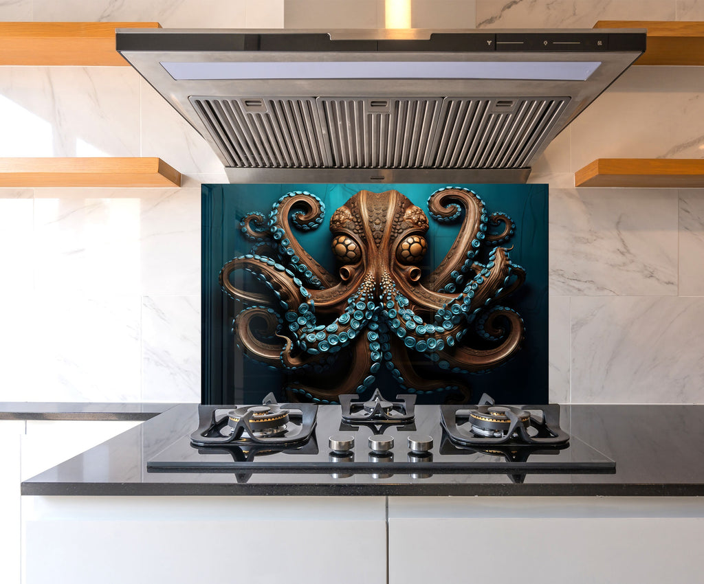 Majestic Octopus - Tempered Glass Kitchen Backsplash-BacksplashArtworks