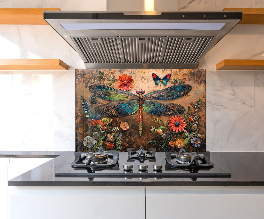 Vibrant Dragonfly - Tempered Glass Kitchen Backsplash-BacksplashArtworks