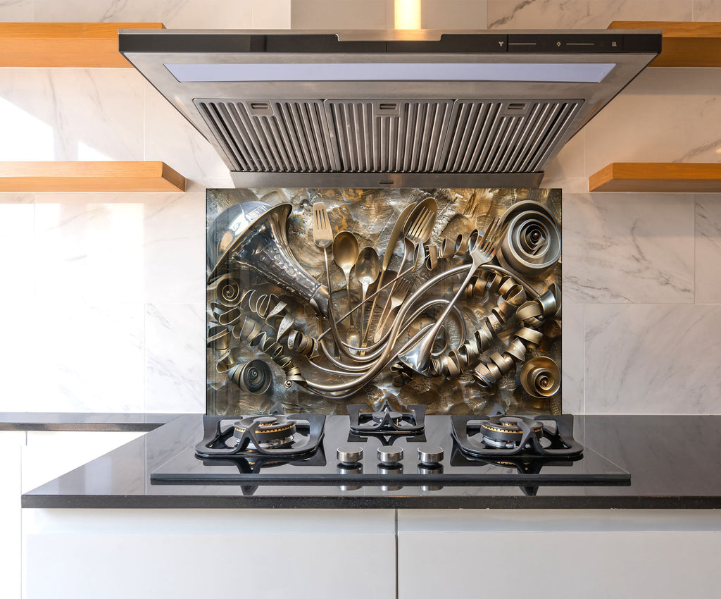 Golden Utensil Symphony - Glass Kitchen Backsplash-BacksplashArtworks