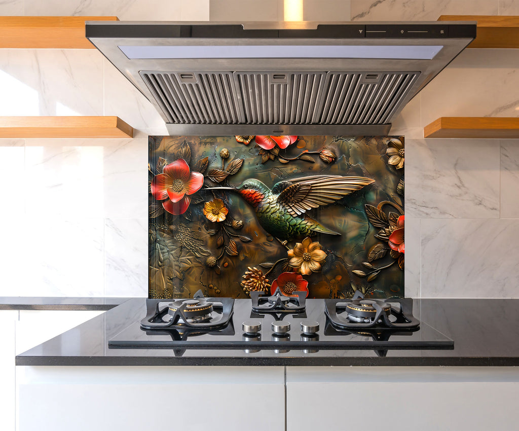 Hummingbird & Flowers - Glass Kitchen Backsplash-BacksplashArtworks
