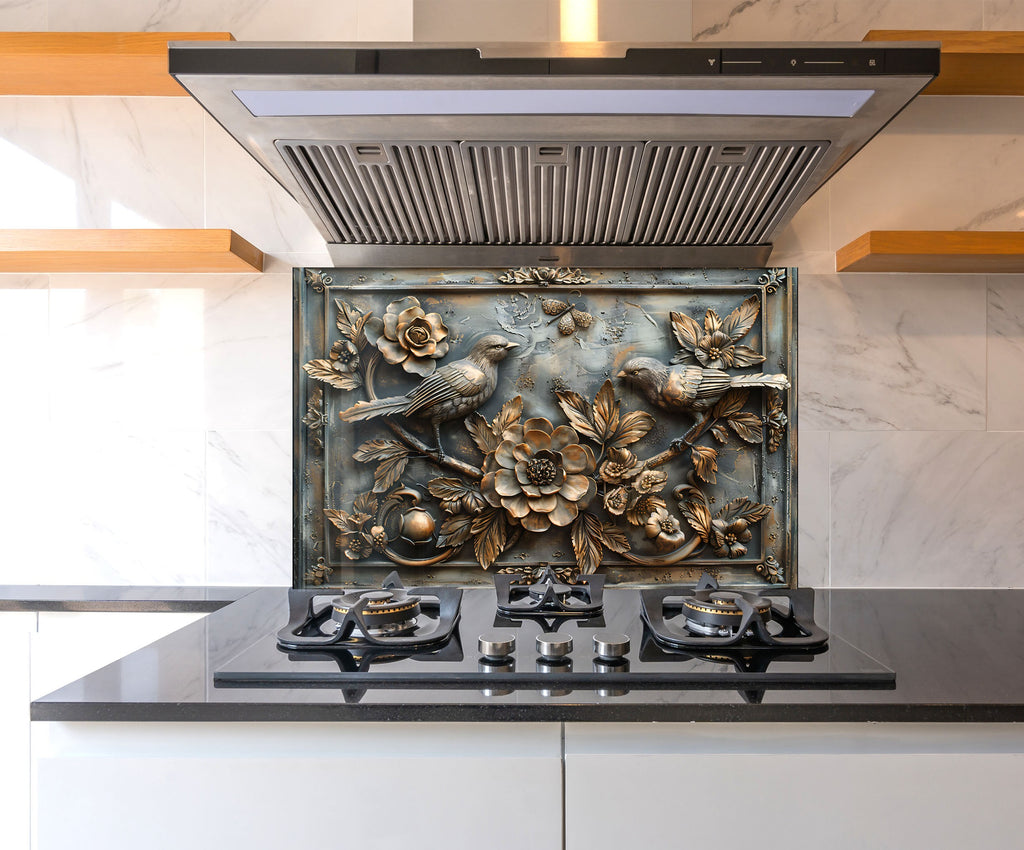 Vintage Bird & Floral - Glass Kitchen Backsplash-BacksplashArtworks
