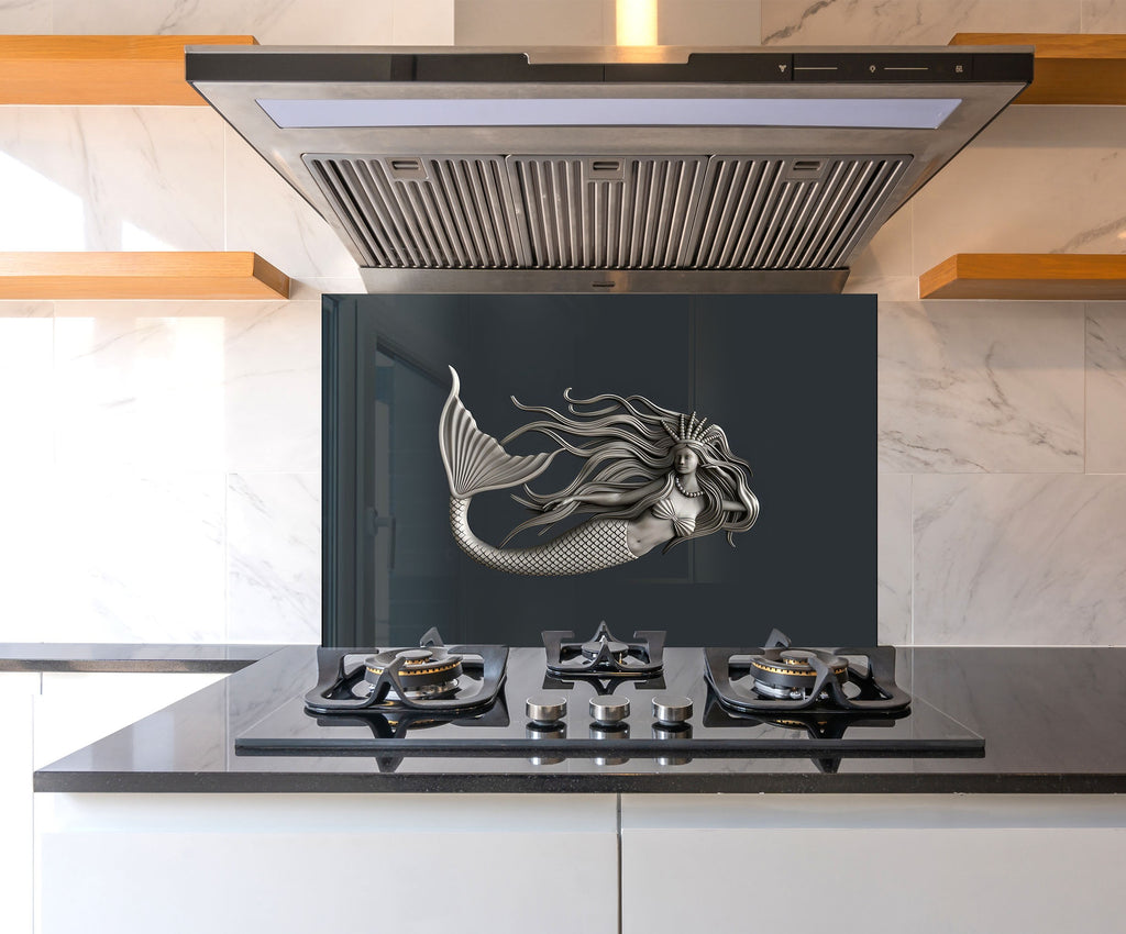 Silver Mermaid - Glass Kitchen Backsplash-BacksplashArtworks