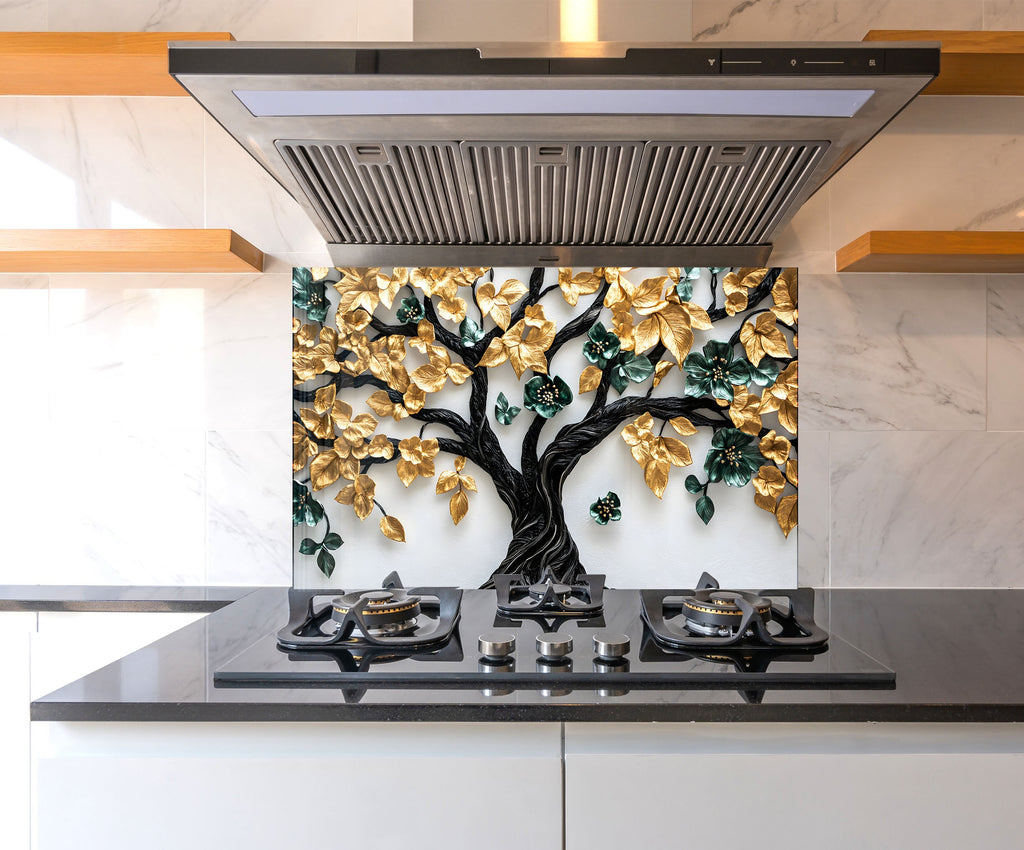 Golden & Brown Tree of Life - Glass Kitchen Backsplash-BacksplashArtworks