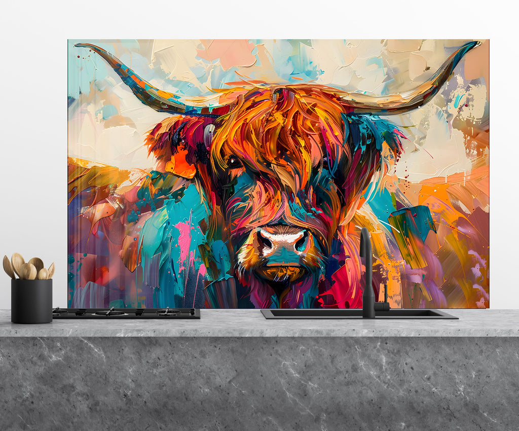Vibrant Highland Cow - Tempered Glass Kitchen Backsplash-BacksplashArtworks