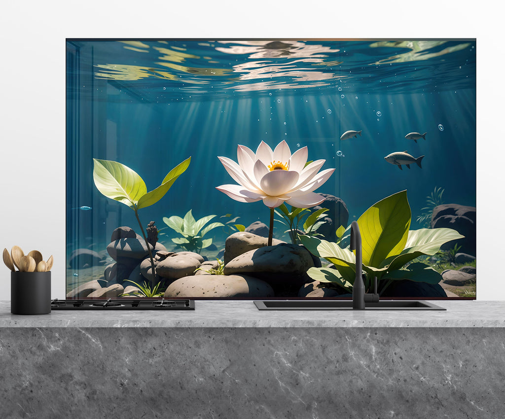 Tranquil Lotus Pond - Glass Kitchen Backsplash-BacksplashArtworks
