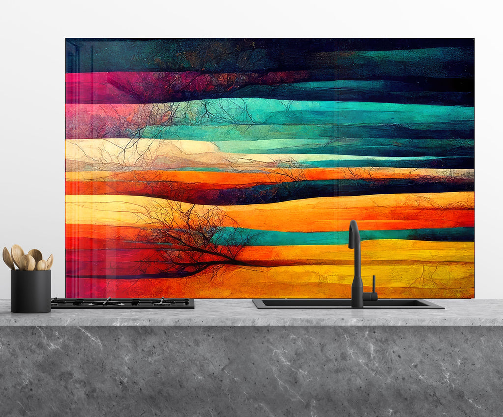 Vibrant Abstract Landscape Wall Art - Tempered Glass Kitchen Backsplash-BacksplashArtworks