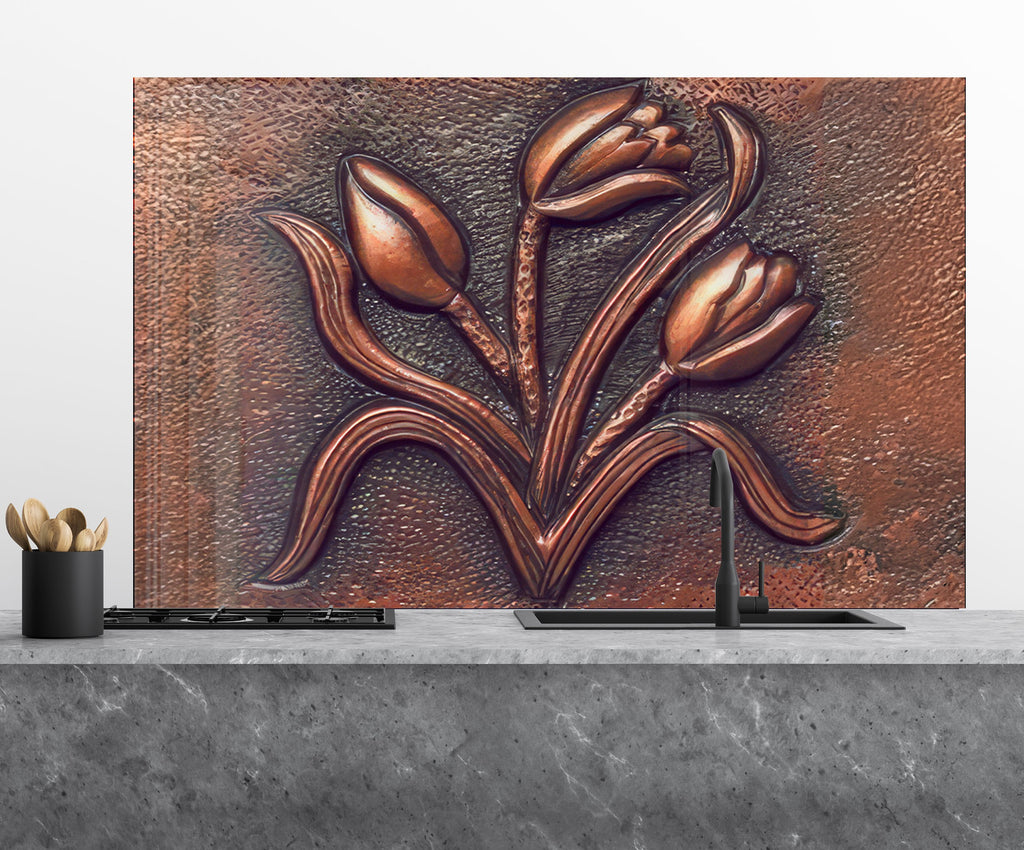 Copper Tulip Symphony - Tempered Glass Kitchen Backsplash-BacksplashArtworks