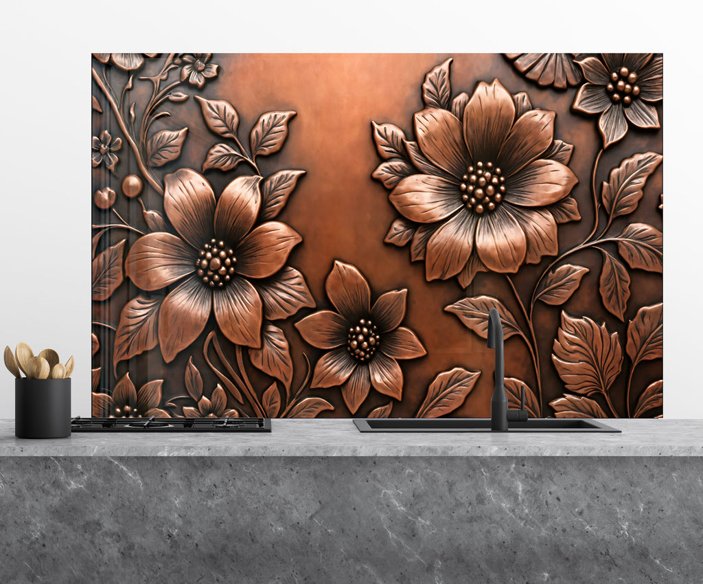 Antique Copper Floral - Glass Kitchen Backsplash-BacksplashArtworks