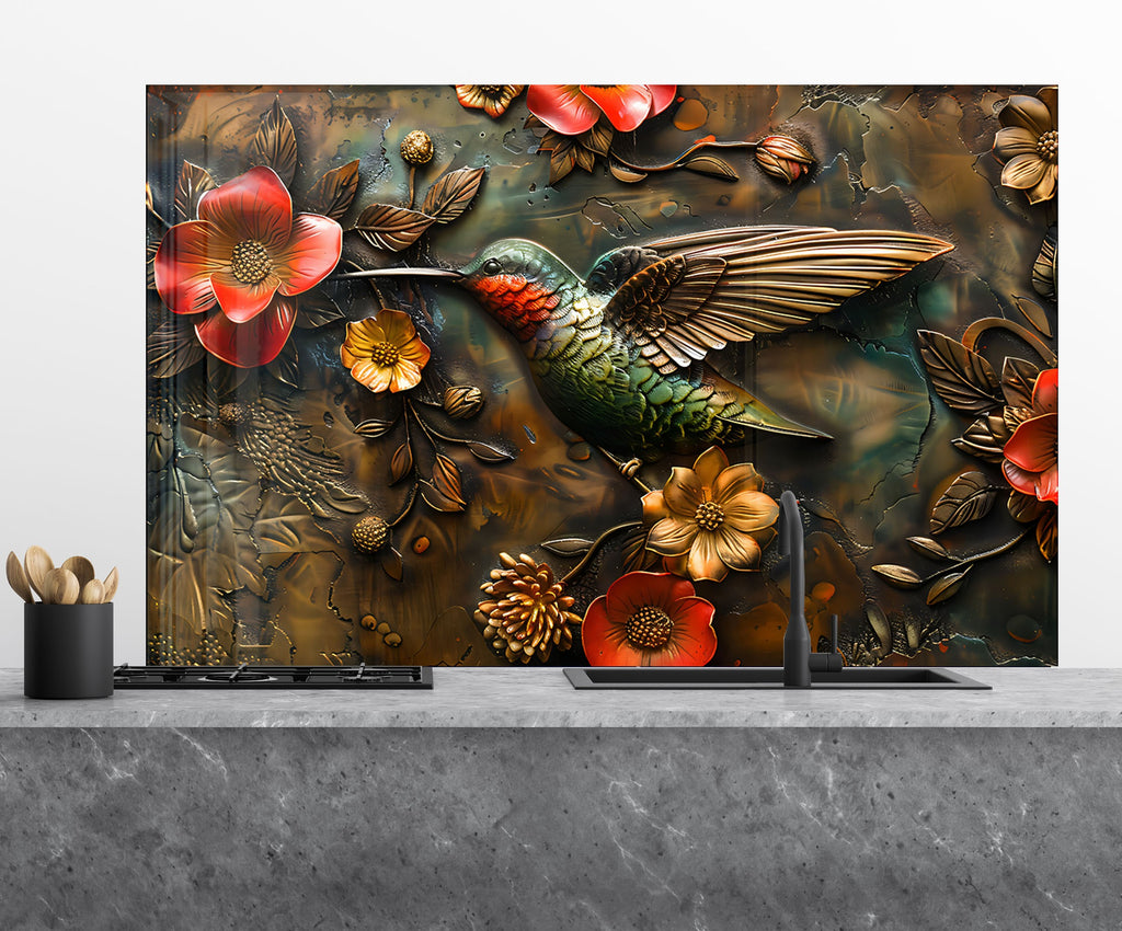 Hummingbird & Flowers - Glass Kitchen Backsplash-BacksplashArtworks