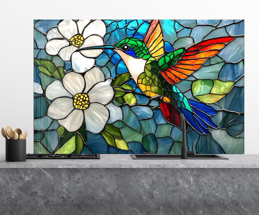 Stained Glass Hummingbird - Tempered Glass Kitchen Backsplash-BacksplashArtworks
