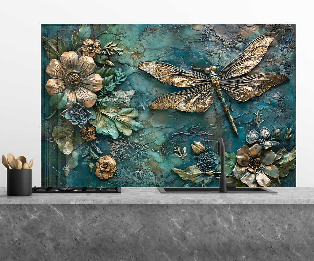 Golden Blue Dragonfly - Glass Kitchen Backsplash-BacksplashArtworks