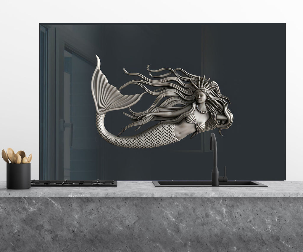 Silver Mermaid - Glass Kitchen Backsplash-BacksplashArtworks