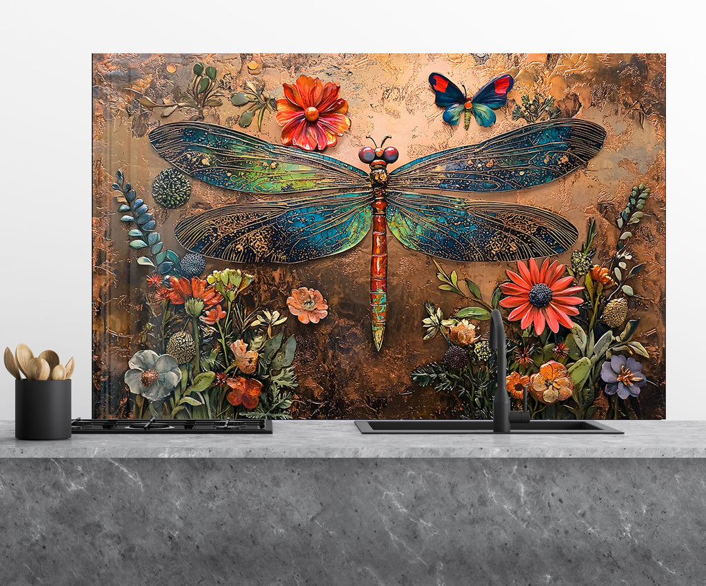 Vibrant Dragonfly - Tempered Glass Kitchen Backsplash-BacksplashArtworks