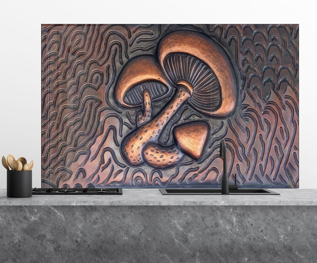 Bronze Mushroom Elegance - Glass Kitchen Backsplash-BacksplashArtworks