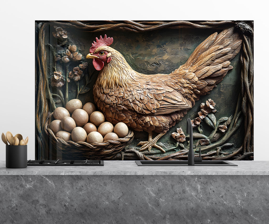 Rustic Farmhouse Hen - Glass Kitchen Backsplash-BacksplashArtworks