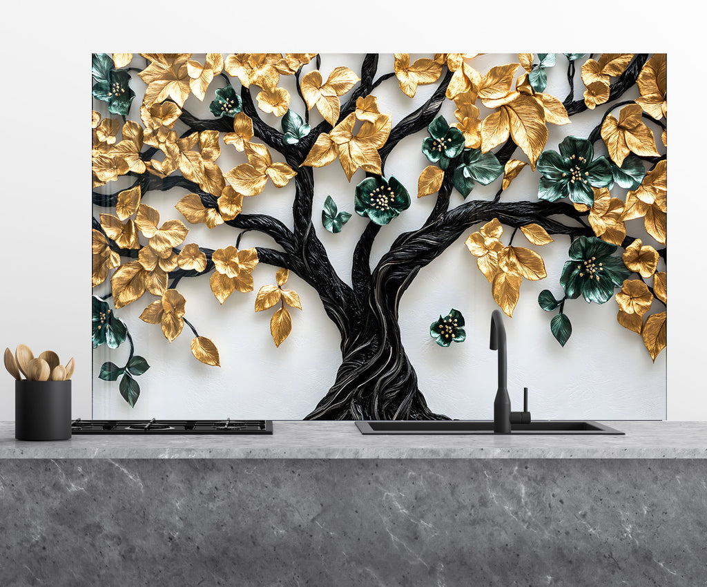 Golden & Brown Tree of Life - Glass Kitchen Backsplash-BacksplashArtworks