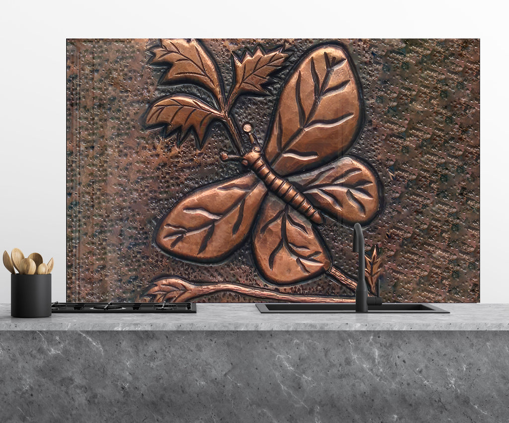 Rustic Copper Butterfly - Glass Kitchen Backsplash-BacksplashArtworks