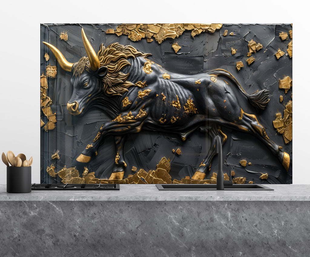 Golden Bull - Tempered Glass Kitchen Backsplash-BacksplashArtworks