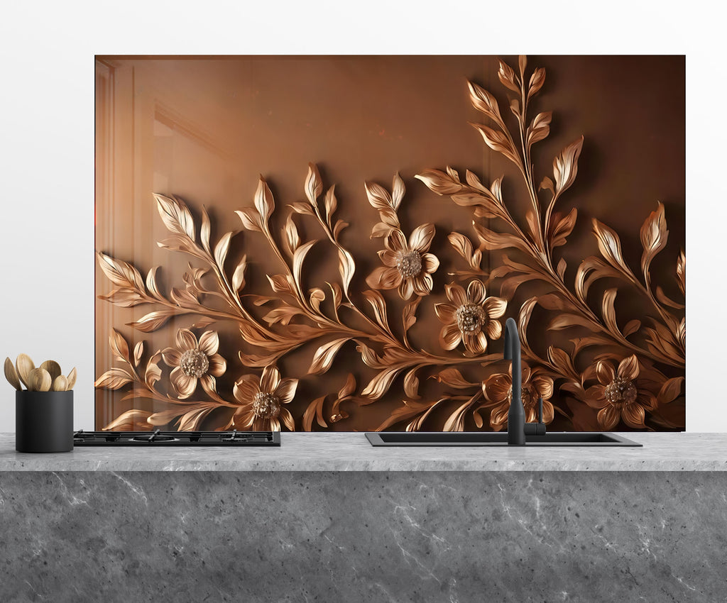 Bronze Floral Embossed - Glass Kitchen Backsplash-BacksplashArtworks