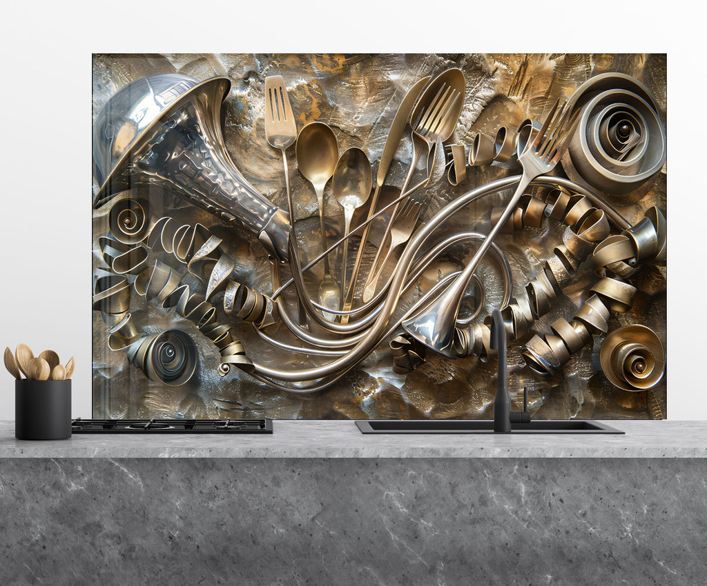 Golden Utensil Symphony - Glass Kitchen Backsplash-BacksplashArtworks