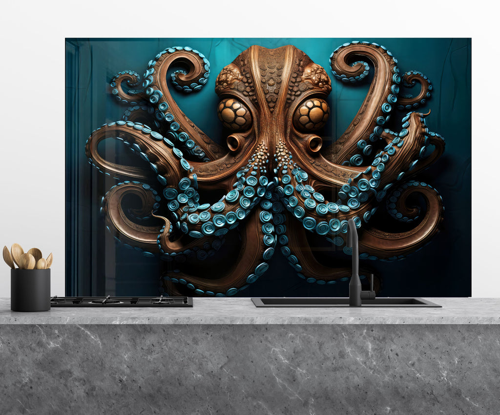 Majestic Octopus - Tempered Glass Kitchen Backsplash-BacksplashArtworks