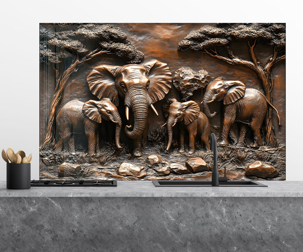 Majestic Elephant Family - Glass Kitchen Backsplash-BacksplashArtworks