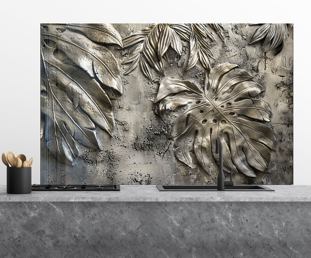 Silver Monstera Leaf - Glass Kitchen Backsplash-BacksplashArtworks