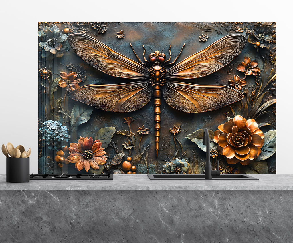 Vintage Bronze Dragonfly - Glass Kitchen Backsplash-BacksplashArtworks