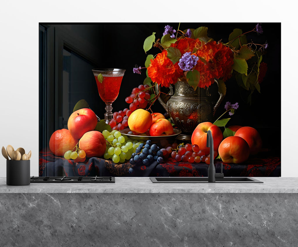 Elegant Fruit & Wine Glass Kitchen Backsplash – Vintage Harvest Design-BacksplashArtworks