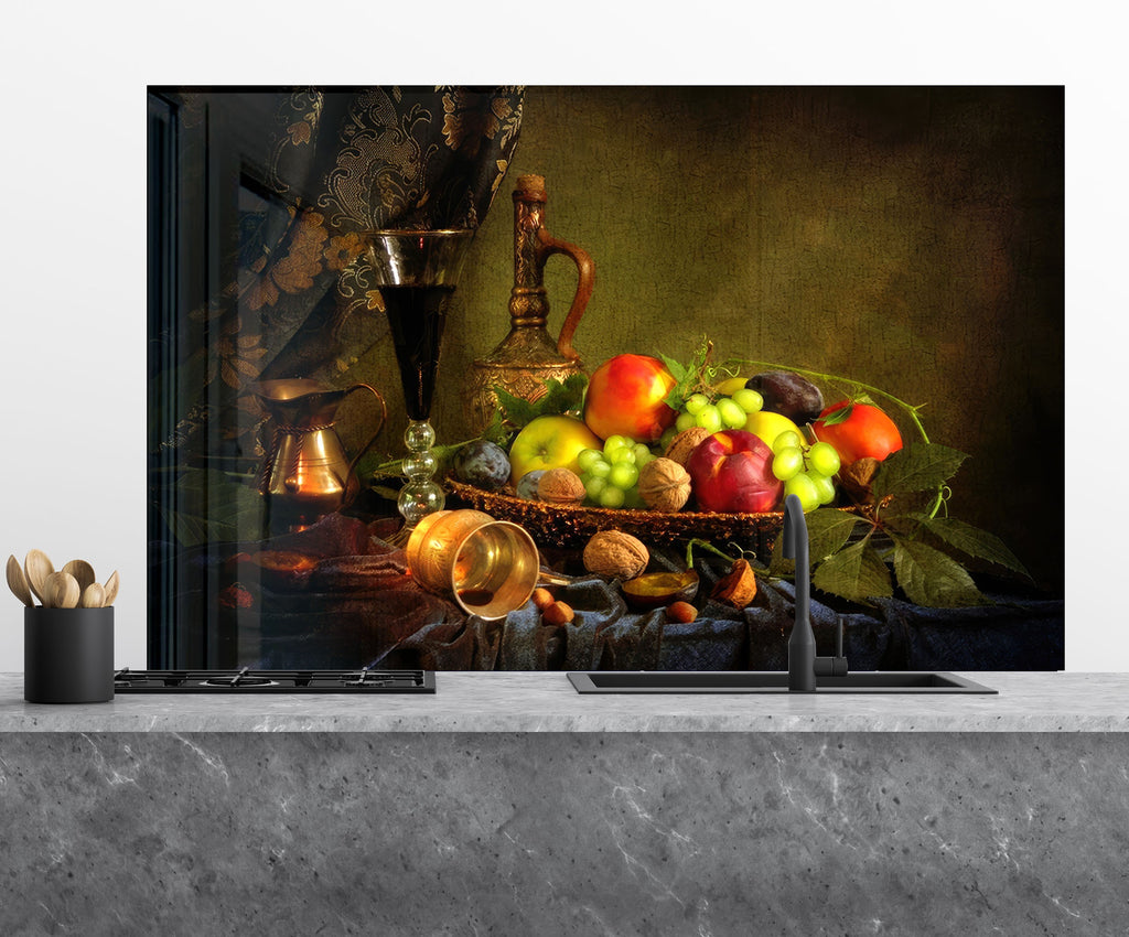 Rustic Fruit & Wine Glass Kitchen Backsplash – Vintage Harvest Design-BacksplashArtworks