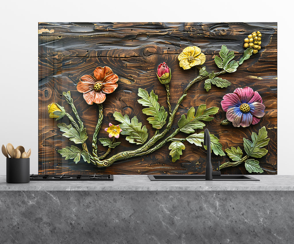 Rustic Botanical Wood Art - Glass Kitchen Backsplash-BacksplashArtworks