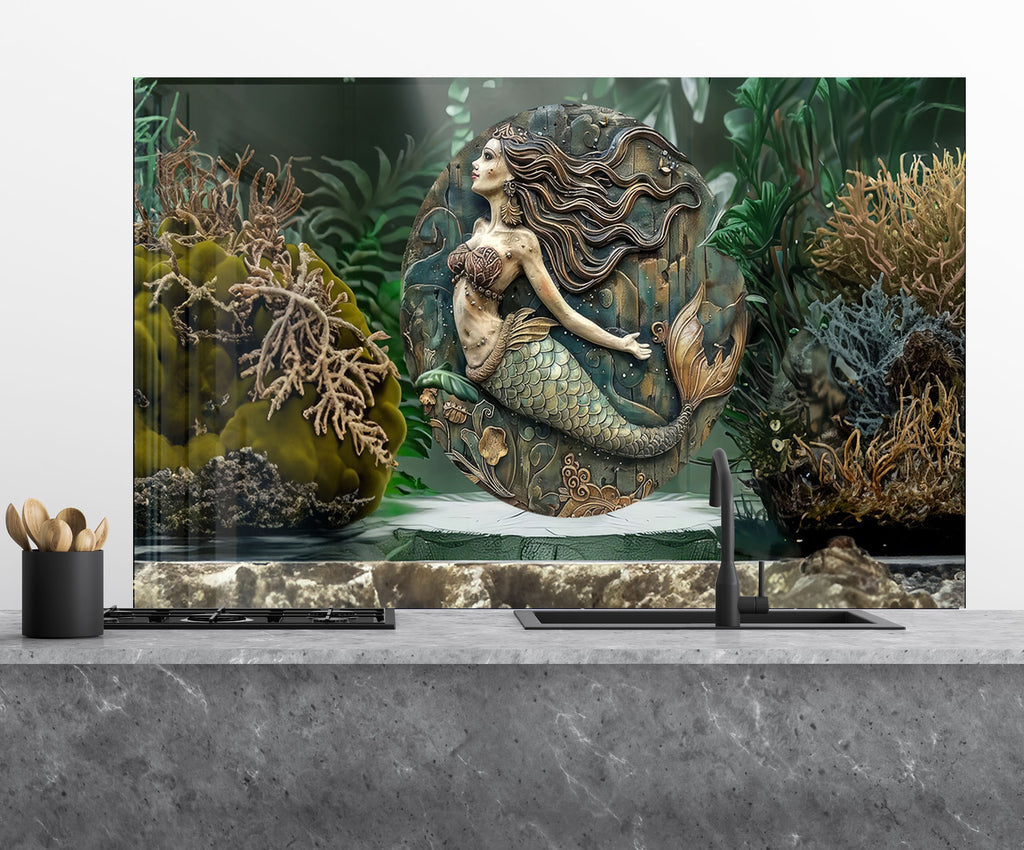 Vintage Mermaid - Glass Kitchen Backsplash-BacksplashArtworks