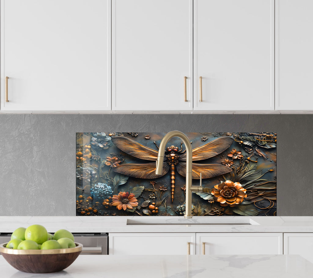 Vintage Bronze Dragonfly - Glass Kitchen Backsplash-BacksplashArtworks