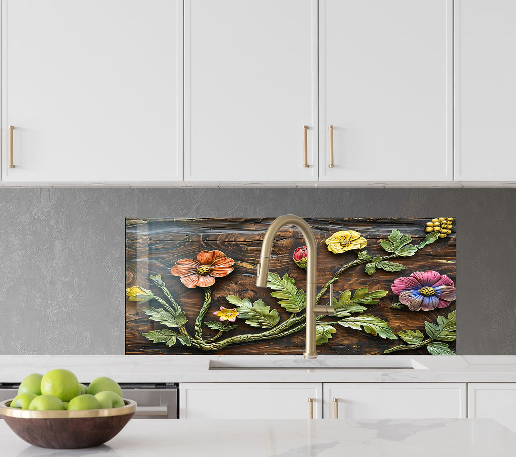 Rustic Botanical Wood Art - Glass Kitchen Backsplash-BacksplashArtworks