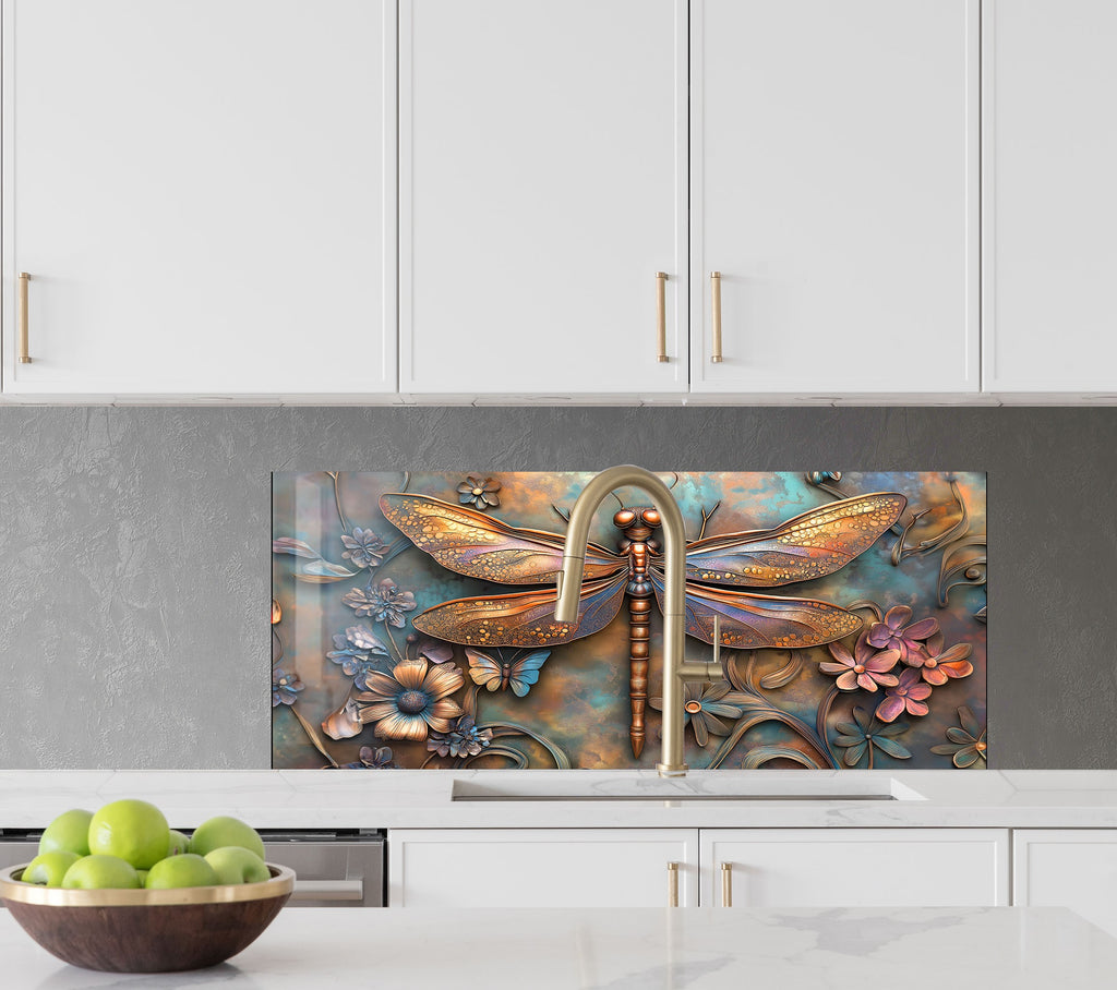 Enchanting Dragonfly - Tempered Glass Kitchen Backsplash-BacksplashArtworks