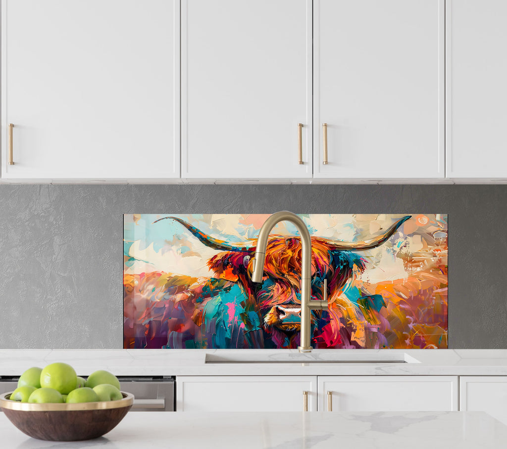 Vibrant Highland Cow - Tempered Glass Kitchen Backsplash-BacksplashArtworks
