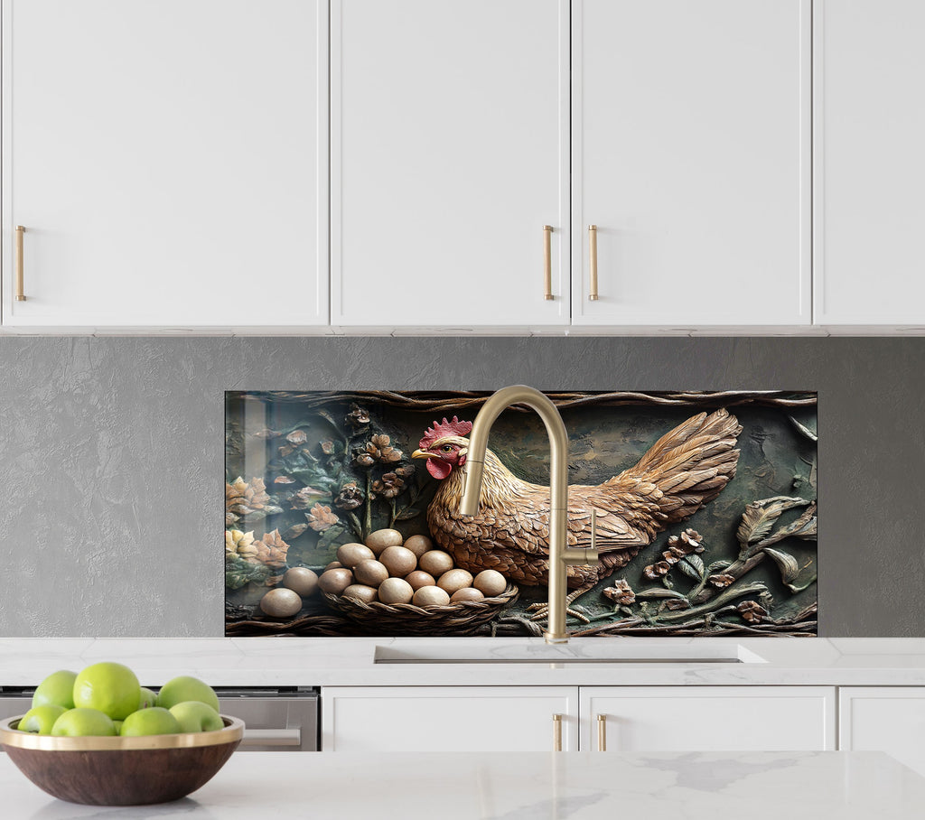 Rustic Farmhouse Hen - Glass Kitchen Backsplash-BacksplashArtworks