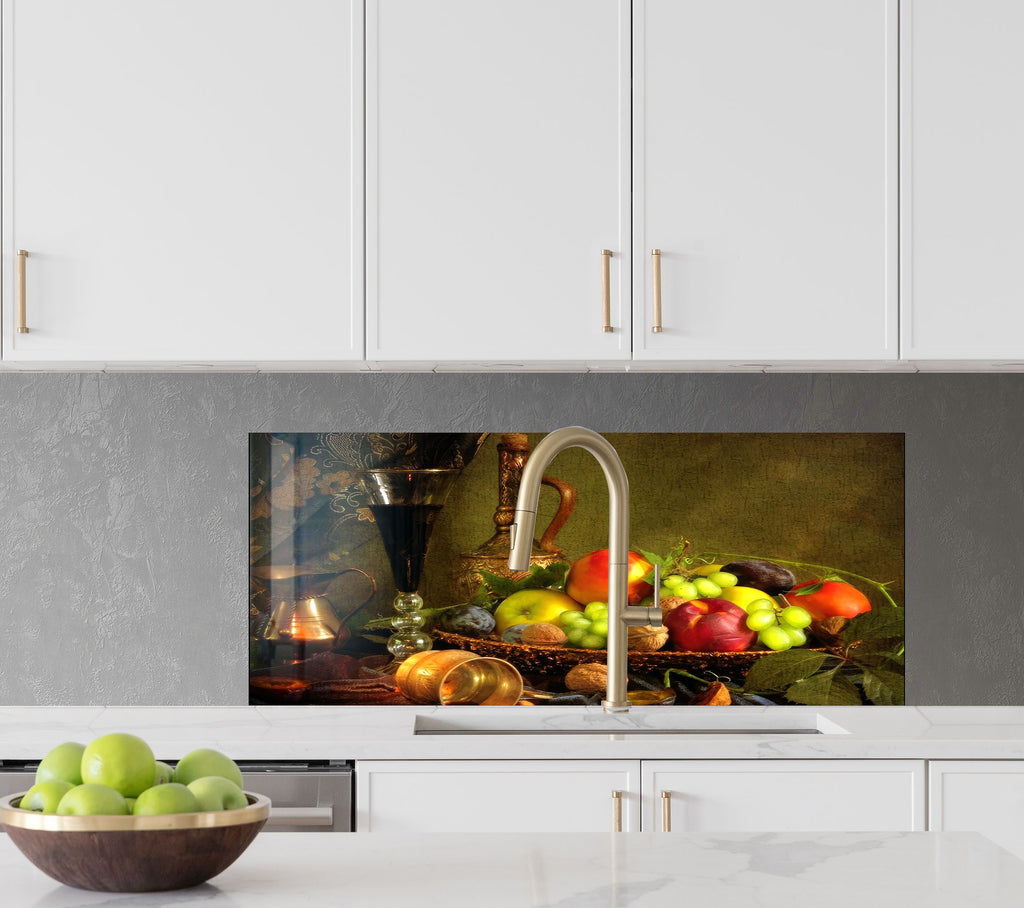 Rustic Fruit & Wine Glass Kitchen Backsplash – Vintage Harvest Design-BacksplashArtworks