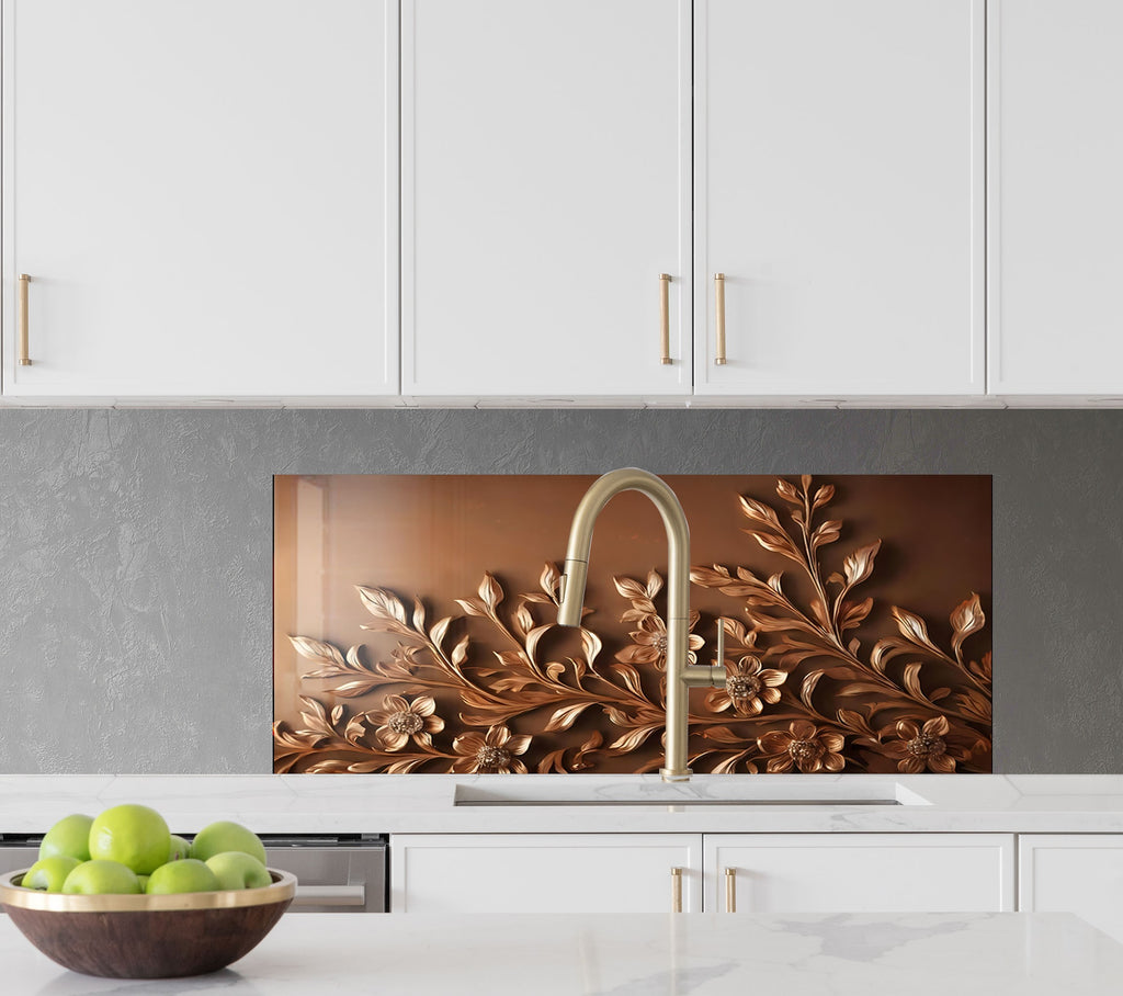 Bronze Floral Embossed - Glass Kitchen Backsplash-BacksplashArtworks