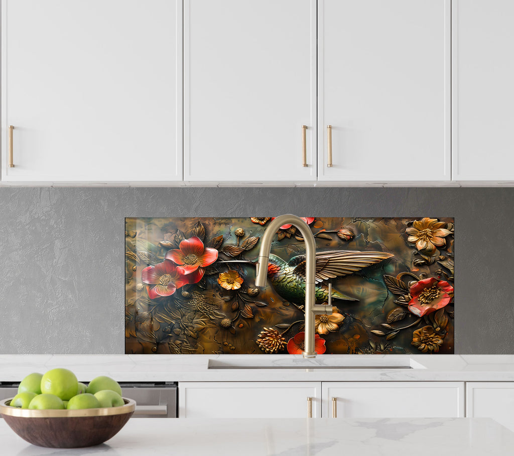 Hummingbird & Flowers - Glass Kitchen Backsplash-BacksplashArtworks